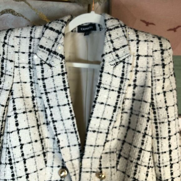 Express Womens Plaid Double Breasted Boyfriend Blazer Jacket Cream Black Medium - Picture 3 of 6